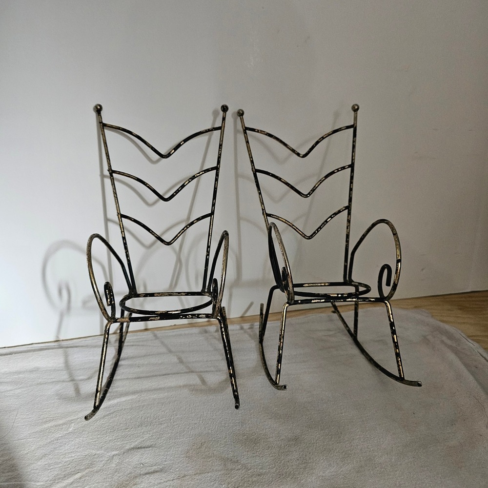 Vintage Miniature Wrought Iron Rocking Chairs Distressed Black Gold Set of 2
